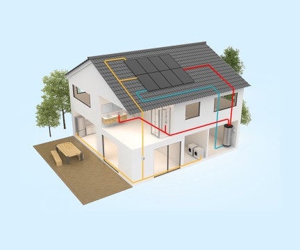 Illustration of a solar power heating system using DualSun hybrid panels for electricity and hot water